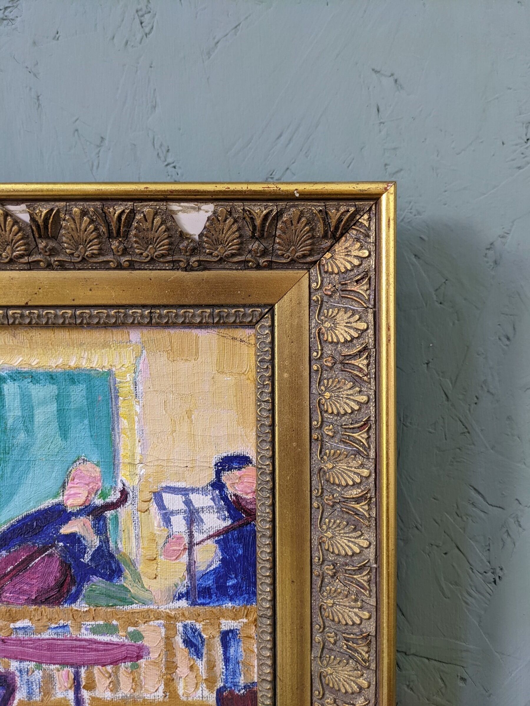 Mid-Century Modern "The Ensemble" Swedish Figurative Oil Painting, Framed