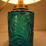 Table lamp with king blue and gold glass foot and machineinor action lampshade