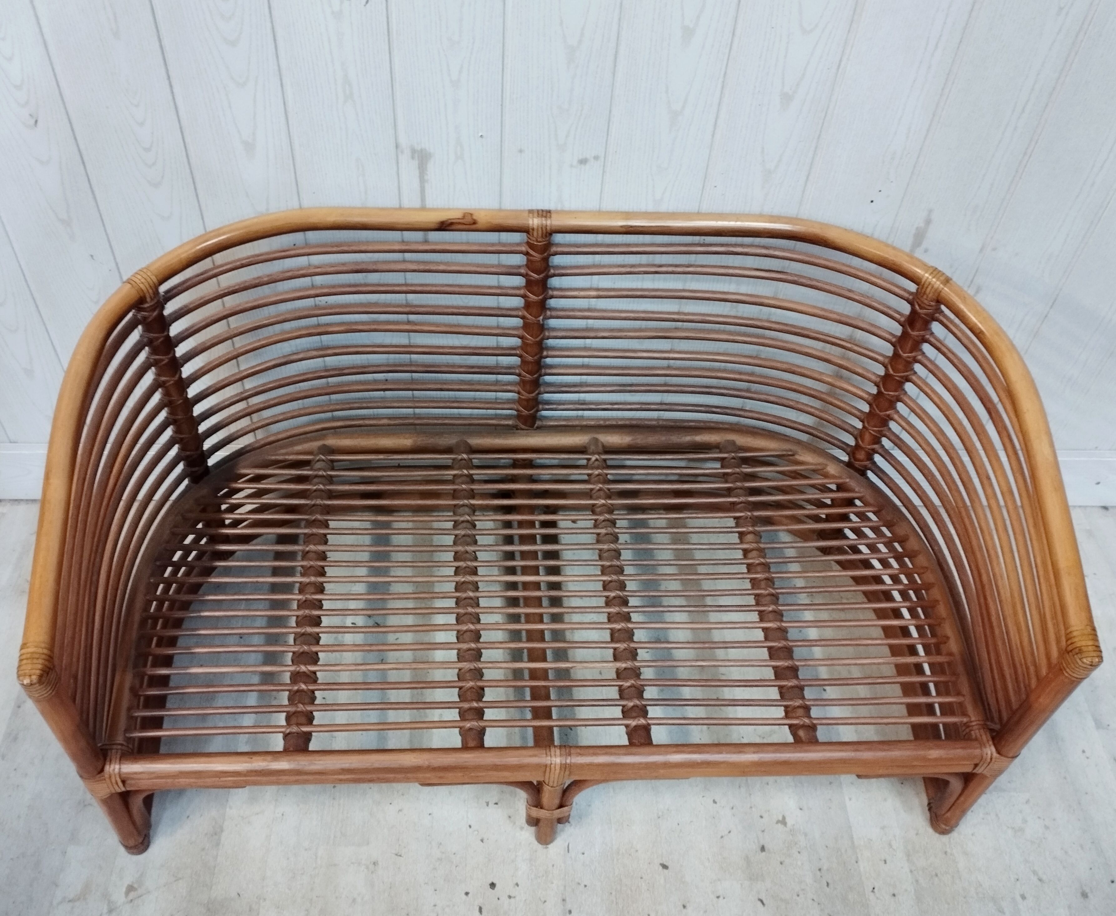 Bench and its bamboo and rattan armchair