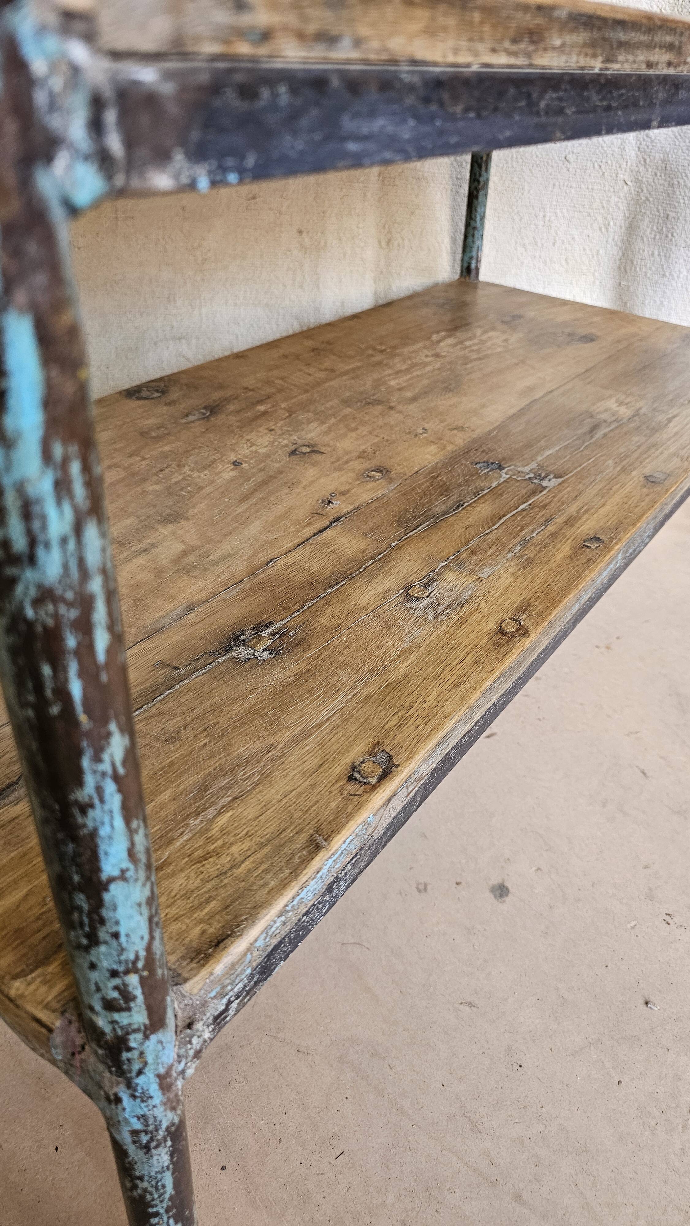Textile workshop console in teak and wrought iron