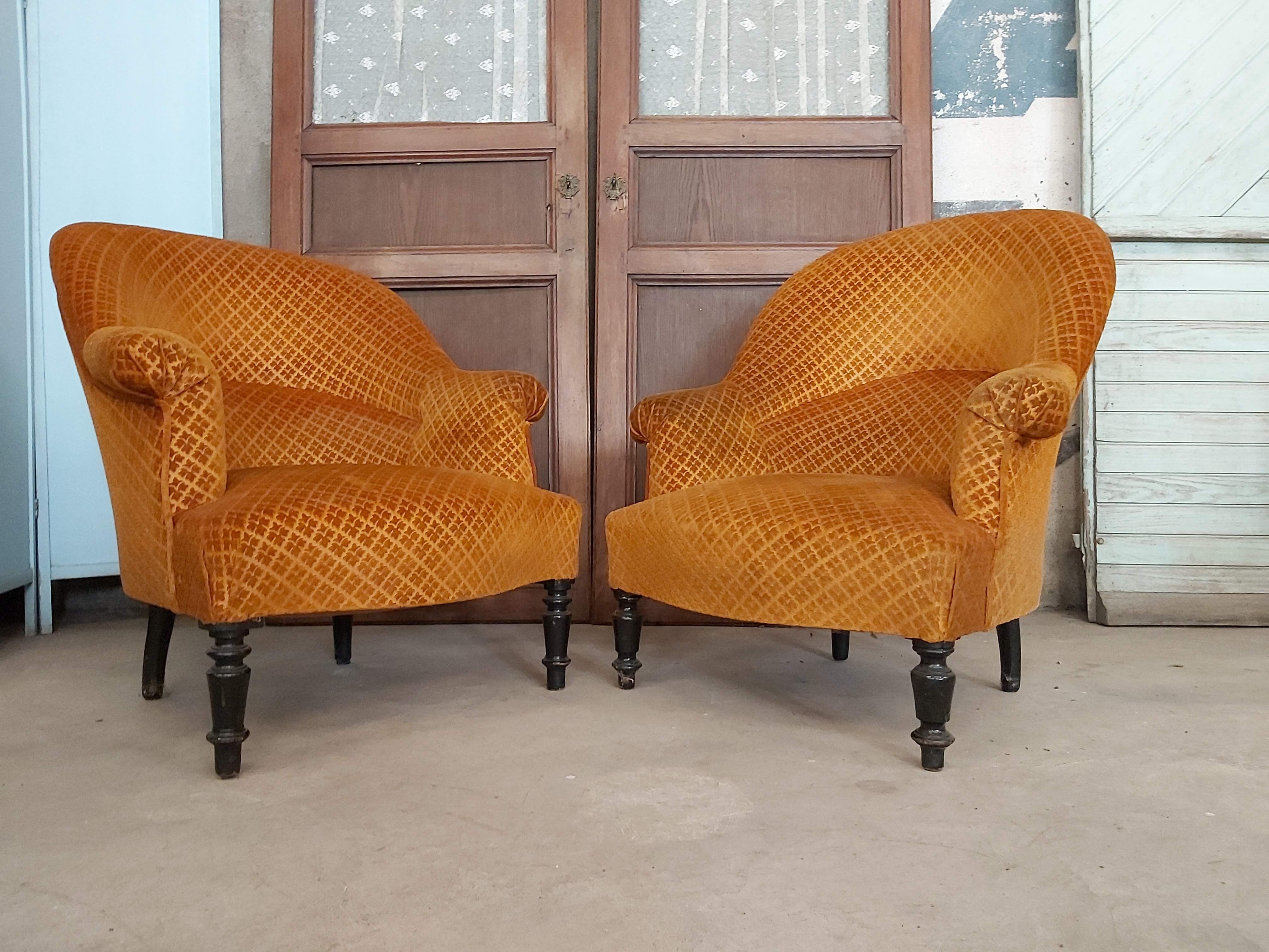 Pair of orange velvet toad armchairs