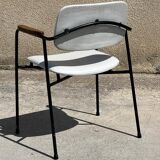 Vintage 1950s metal, oak and faux leather armchair
