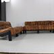 70s living room set in cognac brown leather with black wenge wood frame