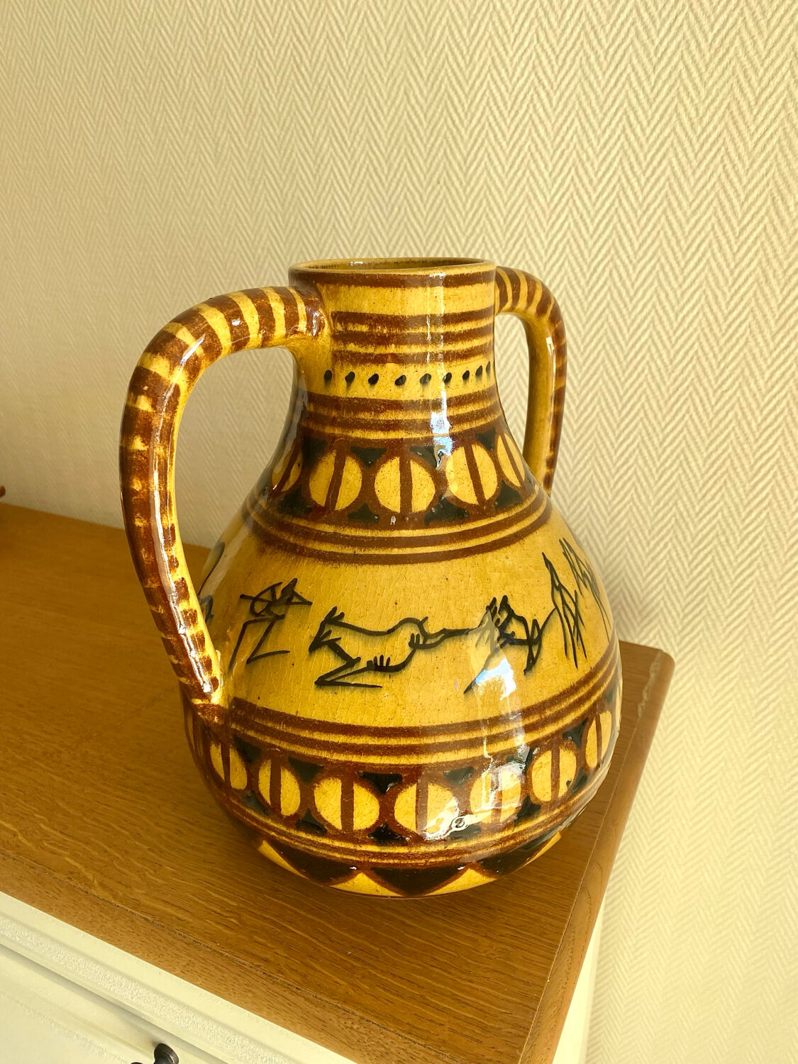 Large vintage ethnic vase with tribal decor