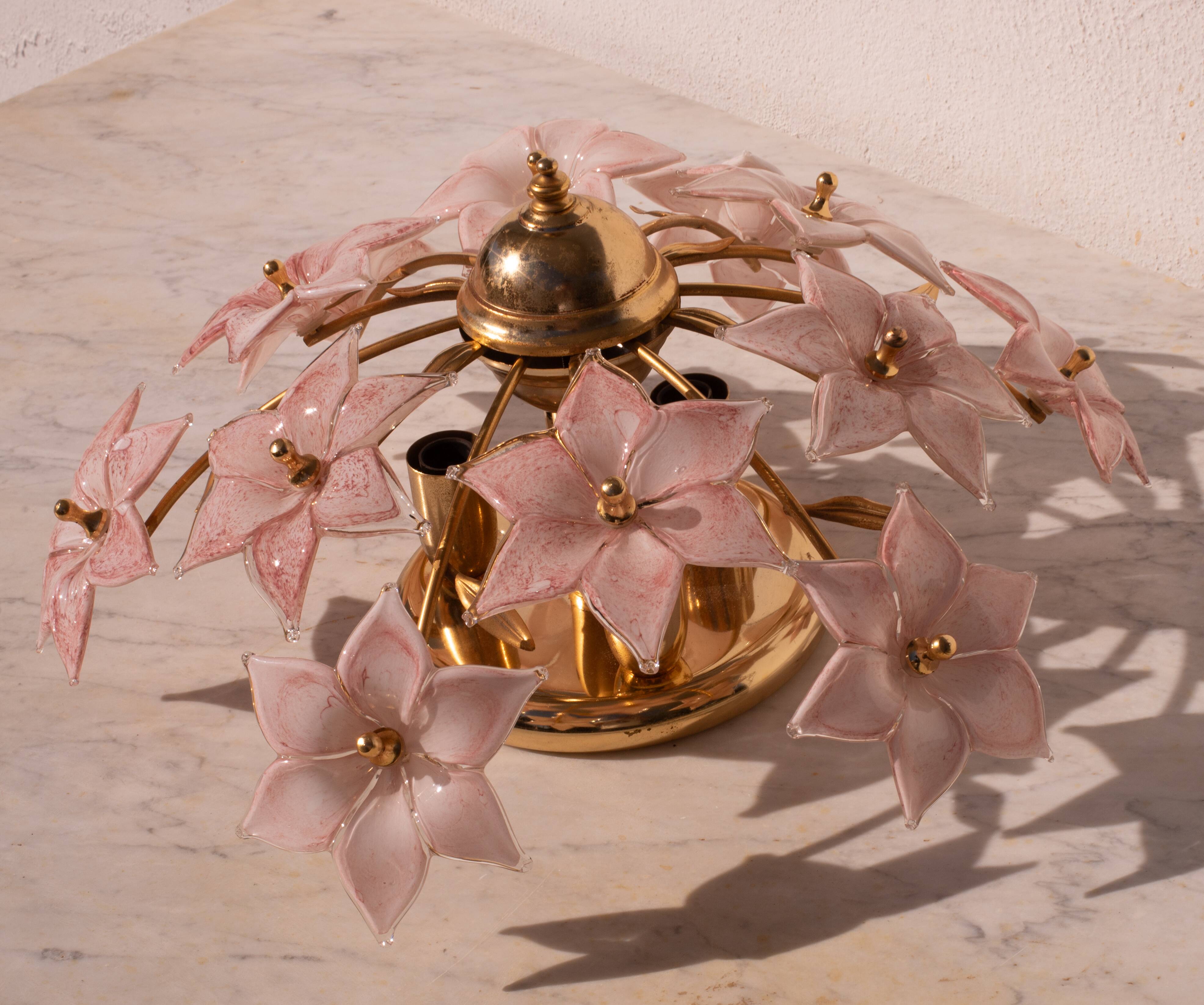 Charming Murano Vintage Ceiling Light Pink Flowers, 1970s
