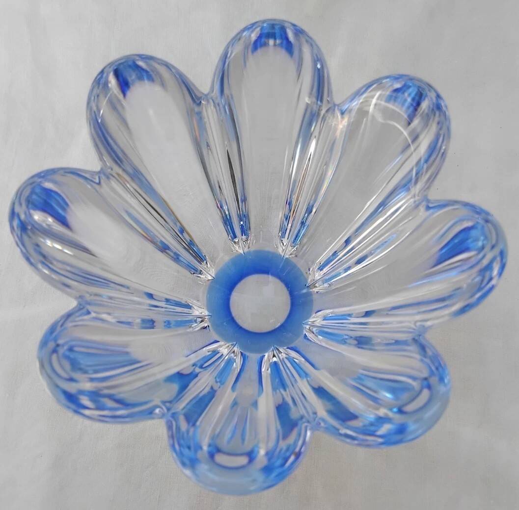 Orrefors Mayflower - Vase 8 Pétales De Cristal Reflets Bleus Vintage