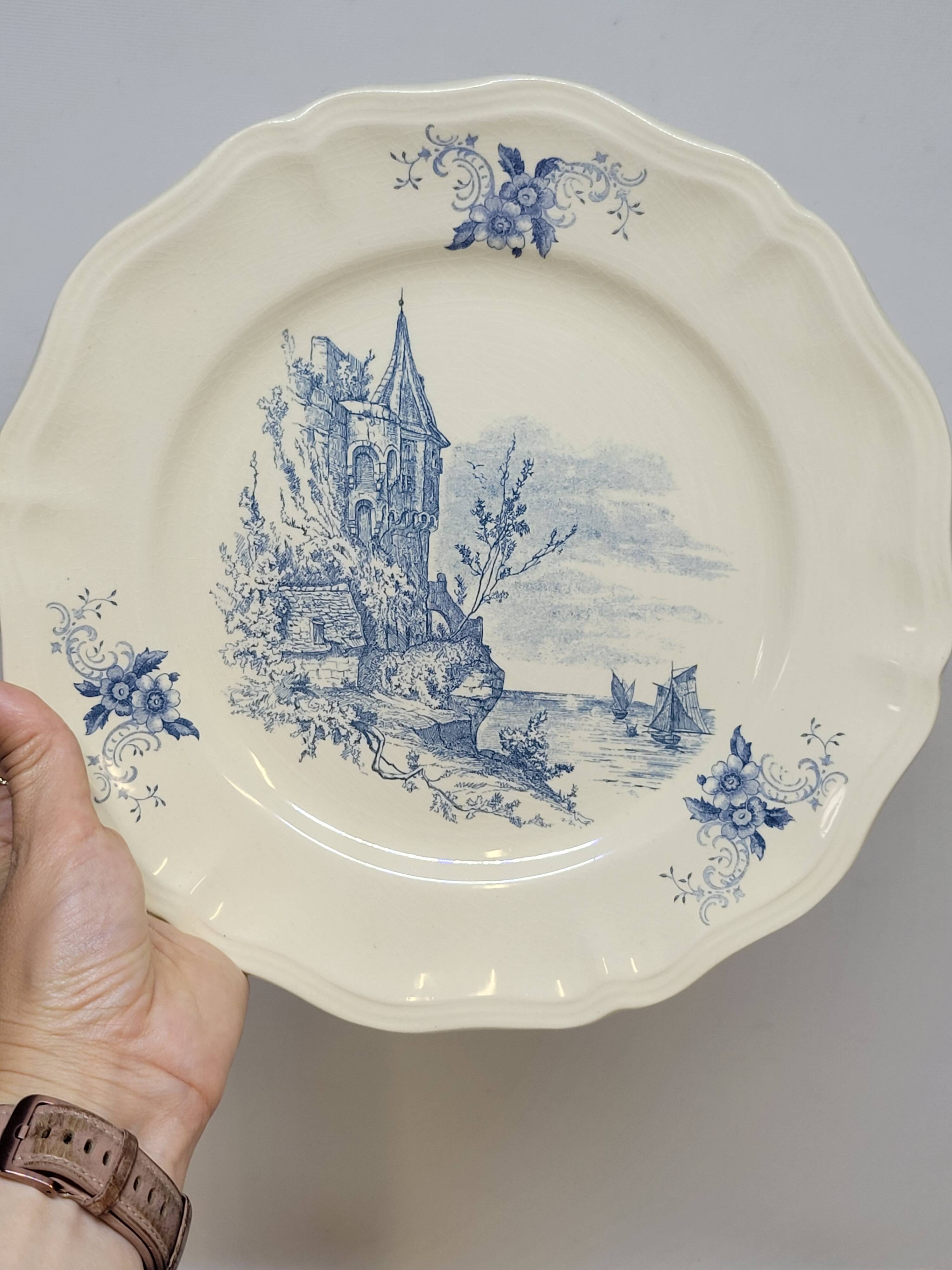 8 Large Vintage Sarreguemines Flanders and Surrey Dinner Plates, White Decor