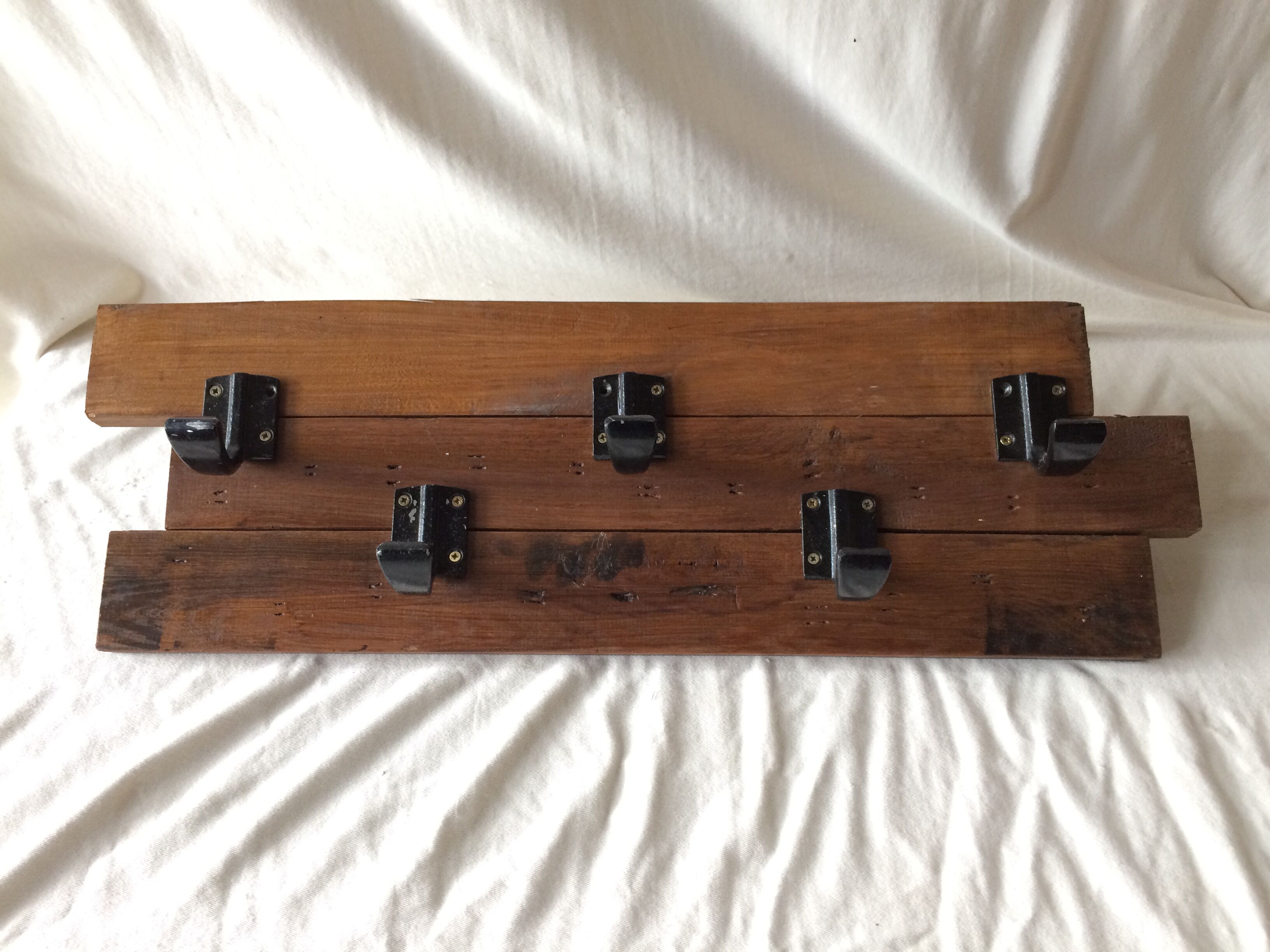 Wall Coat Door Old Oak Parquet - 5 Vintage Black Metal Patères