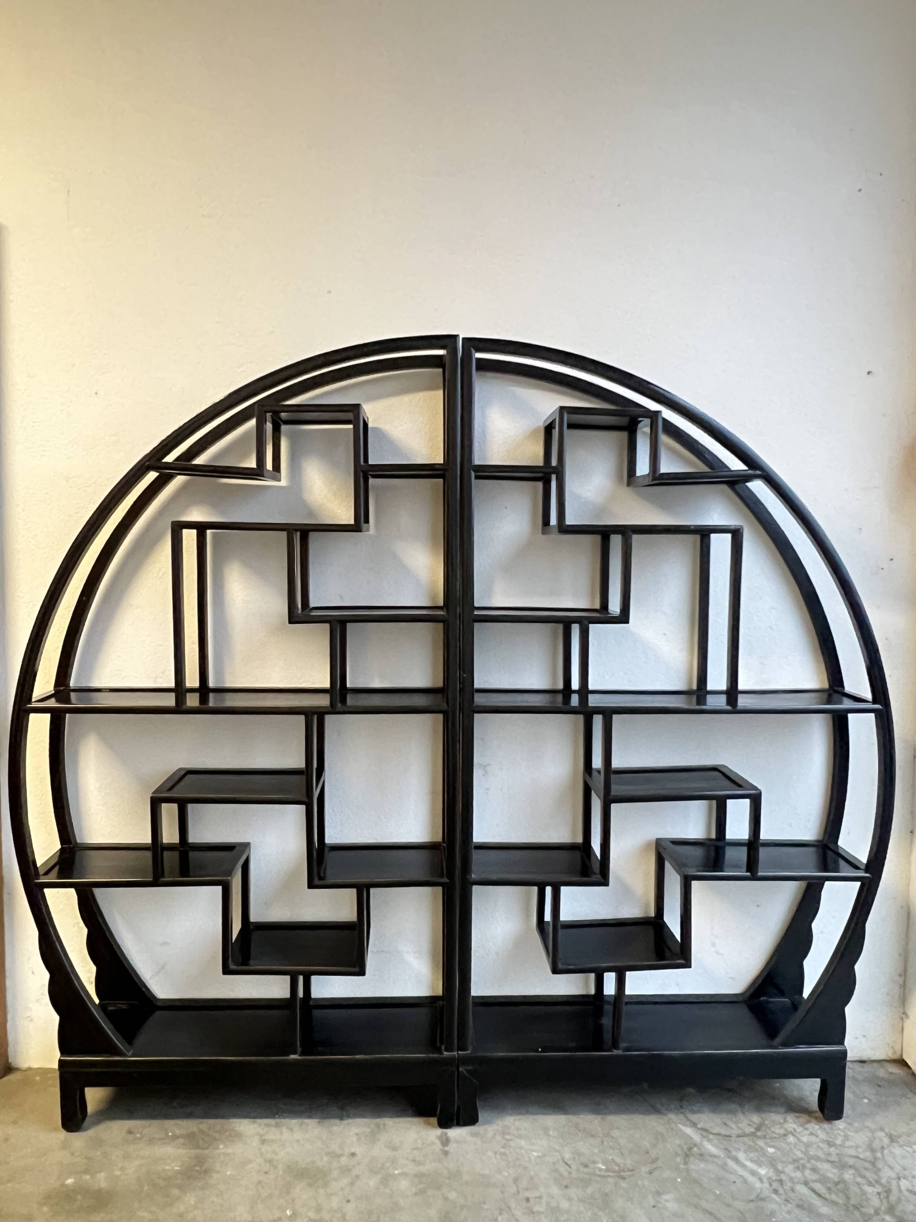 Vintage Black Circular Asian-Inspired Shelf Étagère, 2 parts