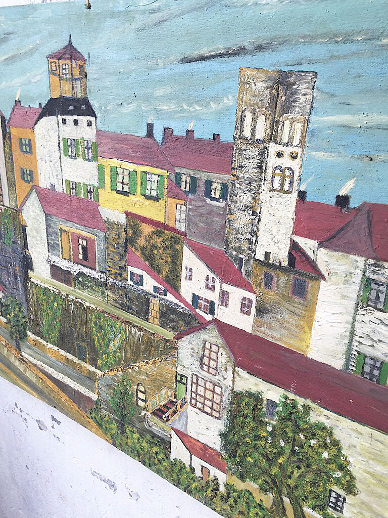 Huile sur bois « ville » Bernier