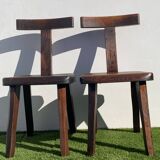 Pair of brutalist T-shaped chairs, solid Aranjou elm, design Olavi Hanninen, 1970