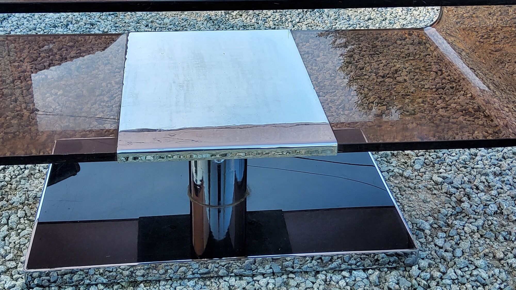 Coffee table from the 70s in chromed steel and smoked plexiglass double swivel trays