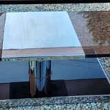 Coffee table from the 70s in chromed steel and smoked plexiglass double swivel trays