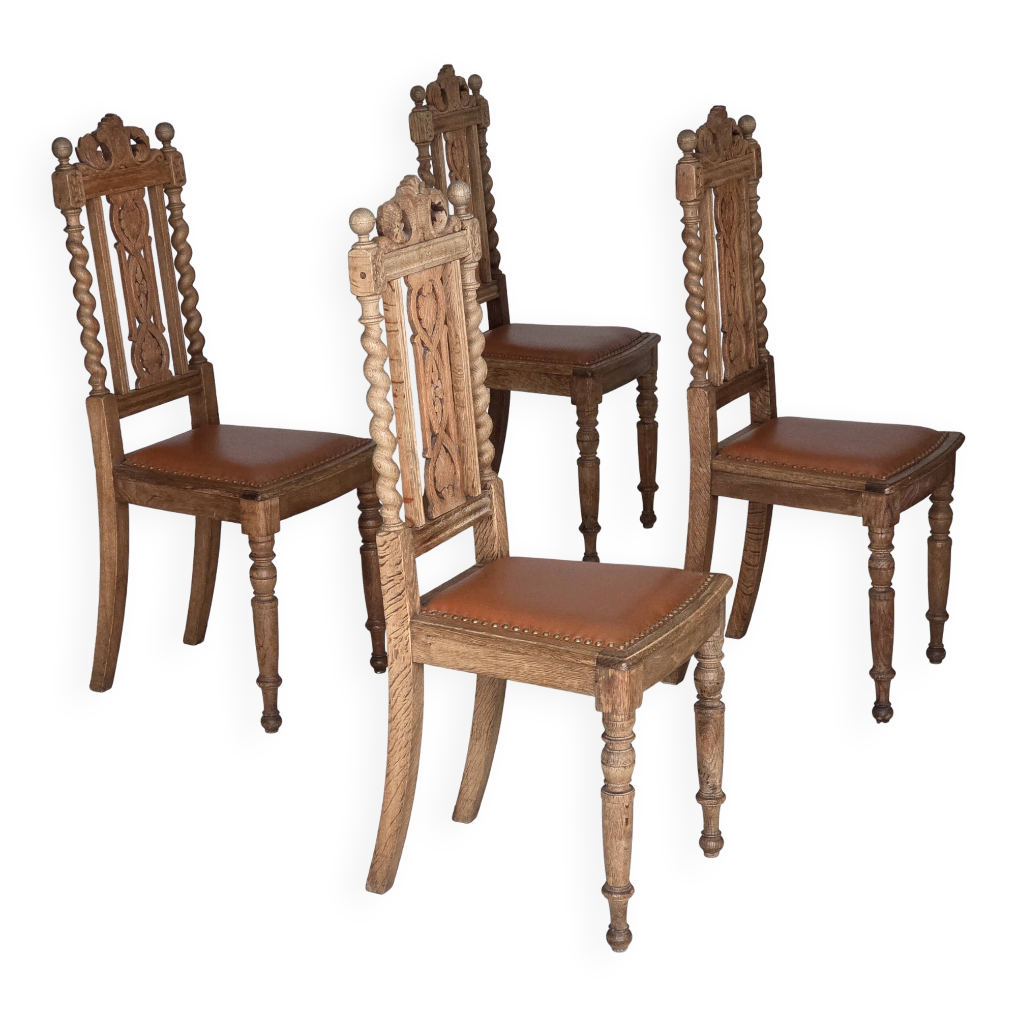 1930s, set of 4 Danish dining chairs, carved oak wood, furniture leather.
