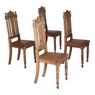 1930s, set of 4 Danish dining chairs, carved oak wood, furniture leather.