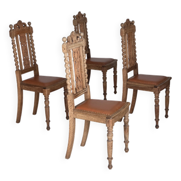 Chaises de salle à manger danoises des années 1930, ensemble de 4, en chêne sculpté, cuir de meuble.