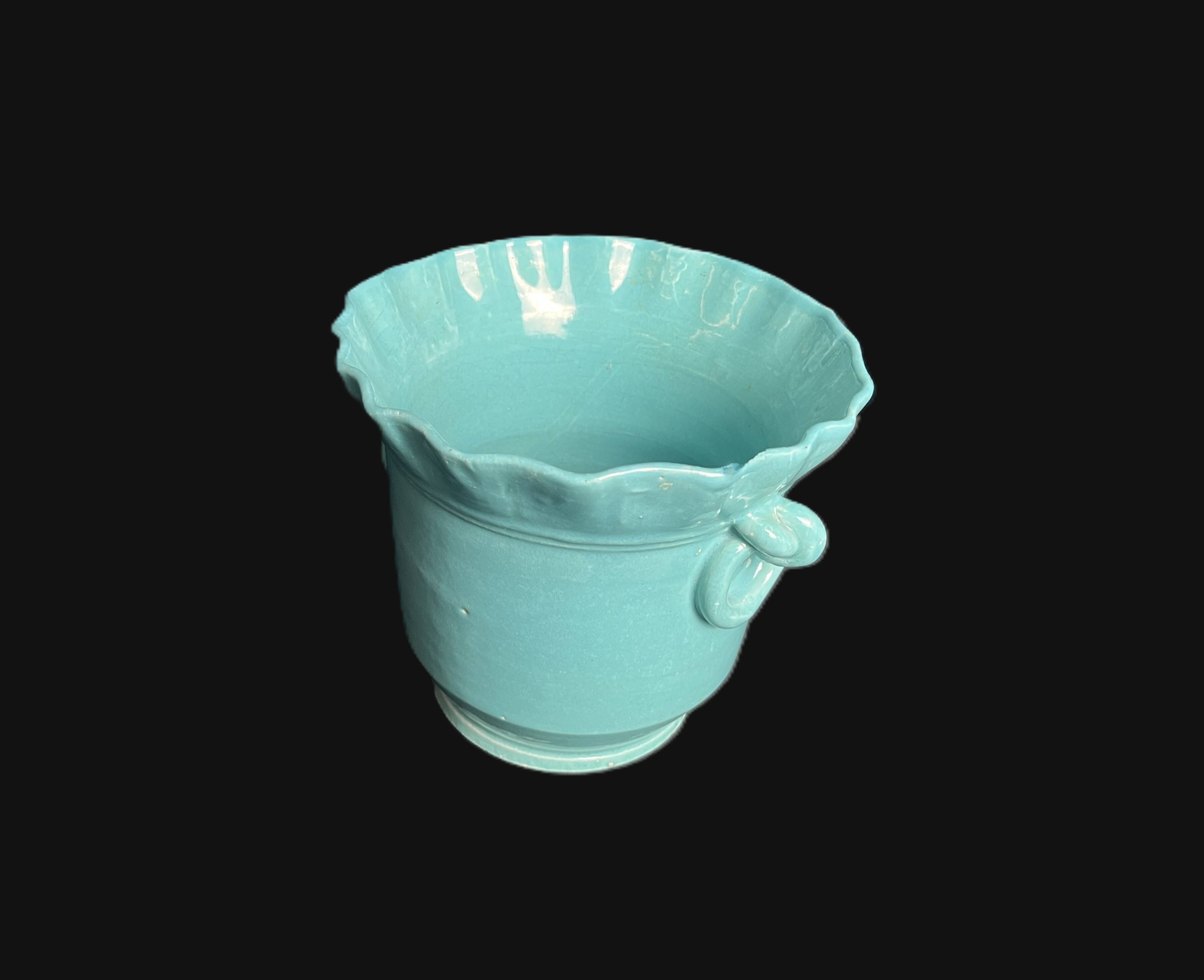 Turquoise ceramic cache pot signed Yvon Roy circa 1950