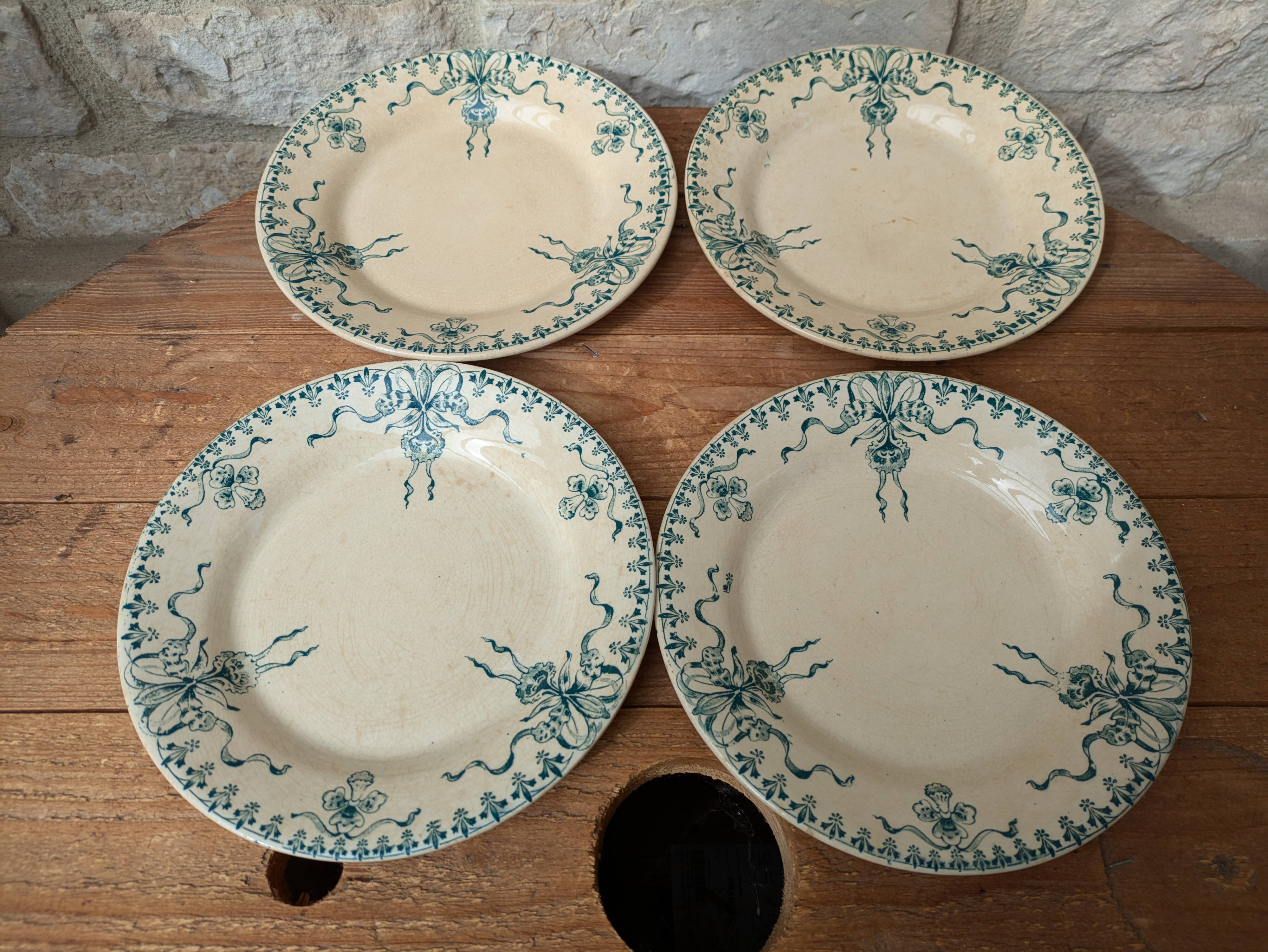 Set of 4 old opaque porcelain plates from Gien, Venice Terre de fer model