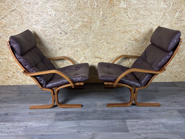 2x 60s 70s Easy Chair Leather Armchairs Westnofa Norway Mid Century