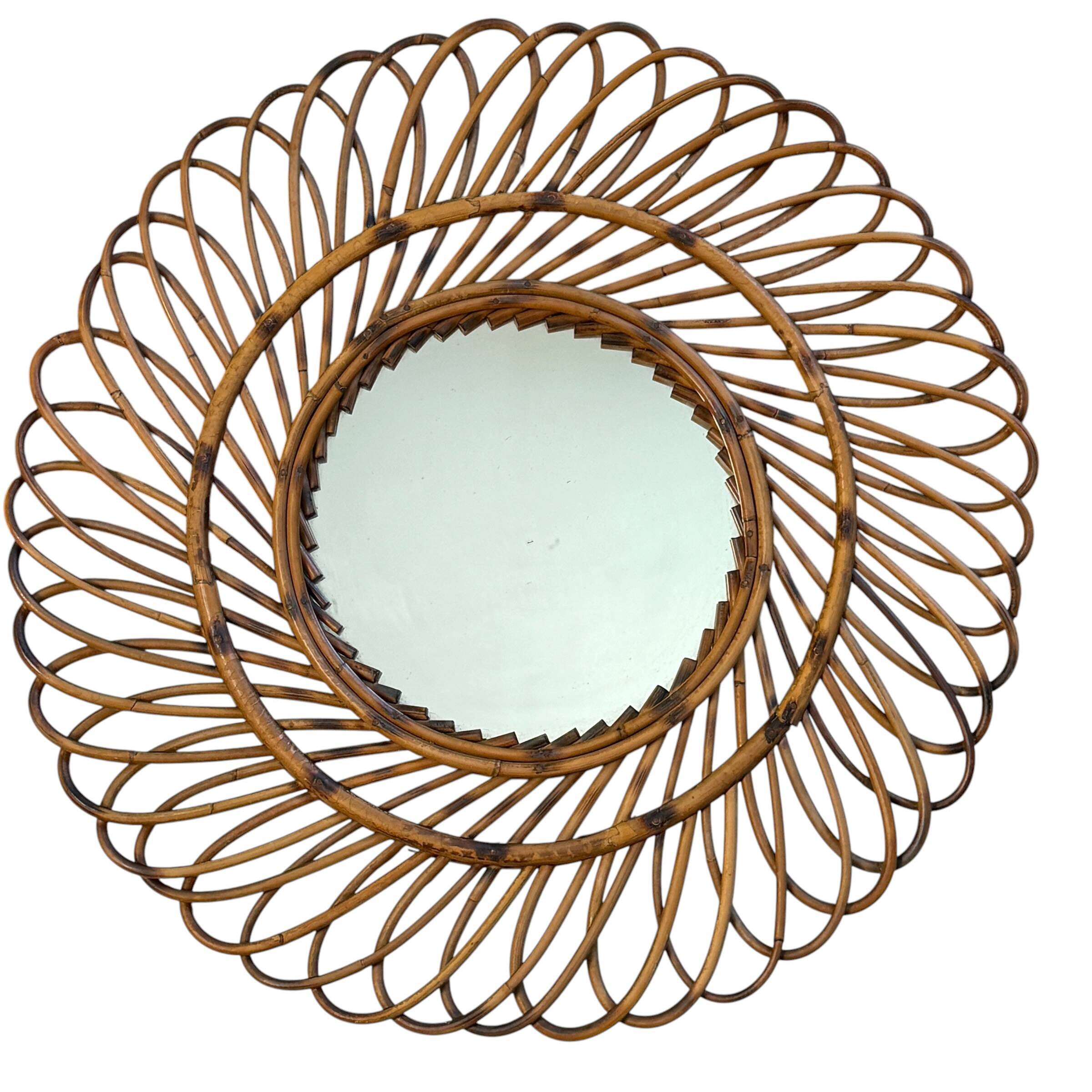 Round rattan mirror from the 1950s France