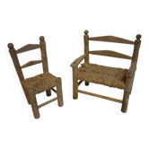 Banquette et fauteuil en bois et paille pour poupée