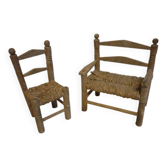 Bench and armchair in wood and straw for doll