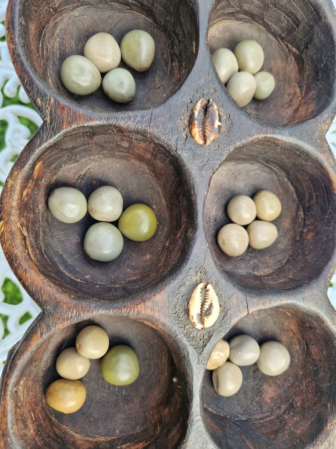 Large vintage Awale Oware game hand carved wood Nigeria 1980s