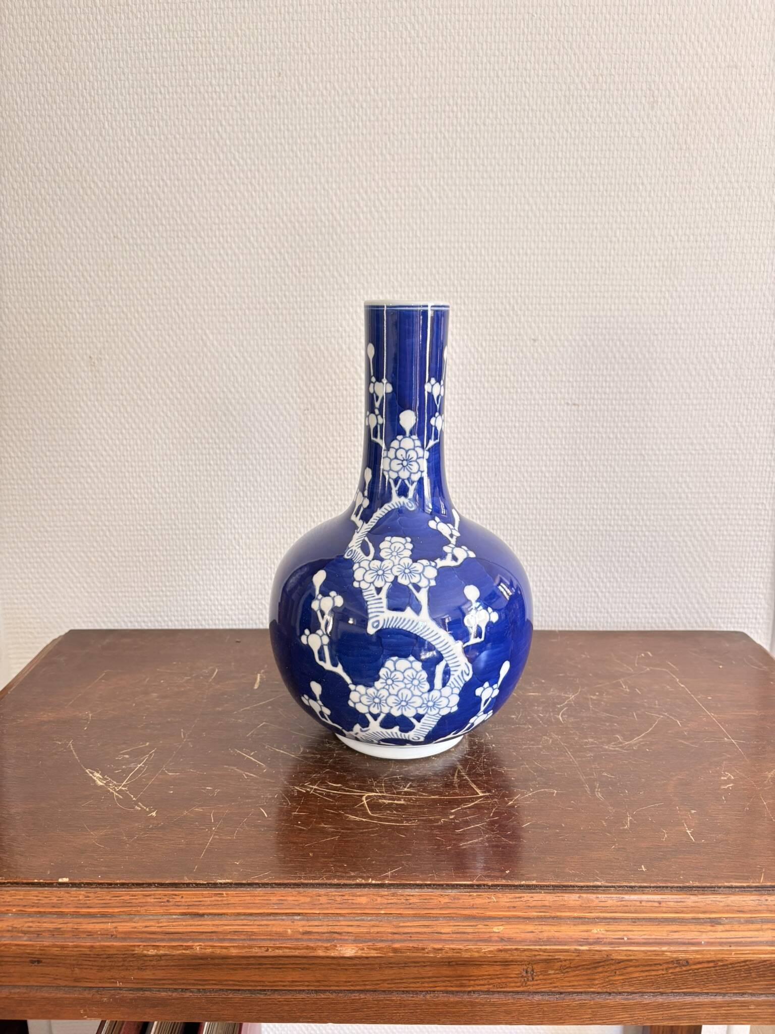 Ancient Blue Peking Bottle Vase China Chinese Prunus Flowers Qianlong