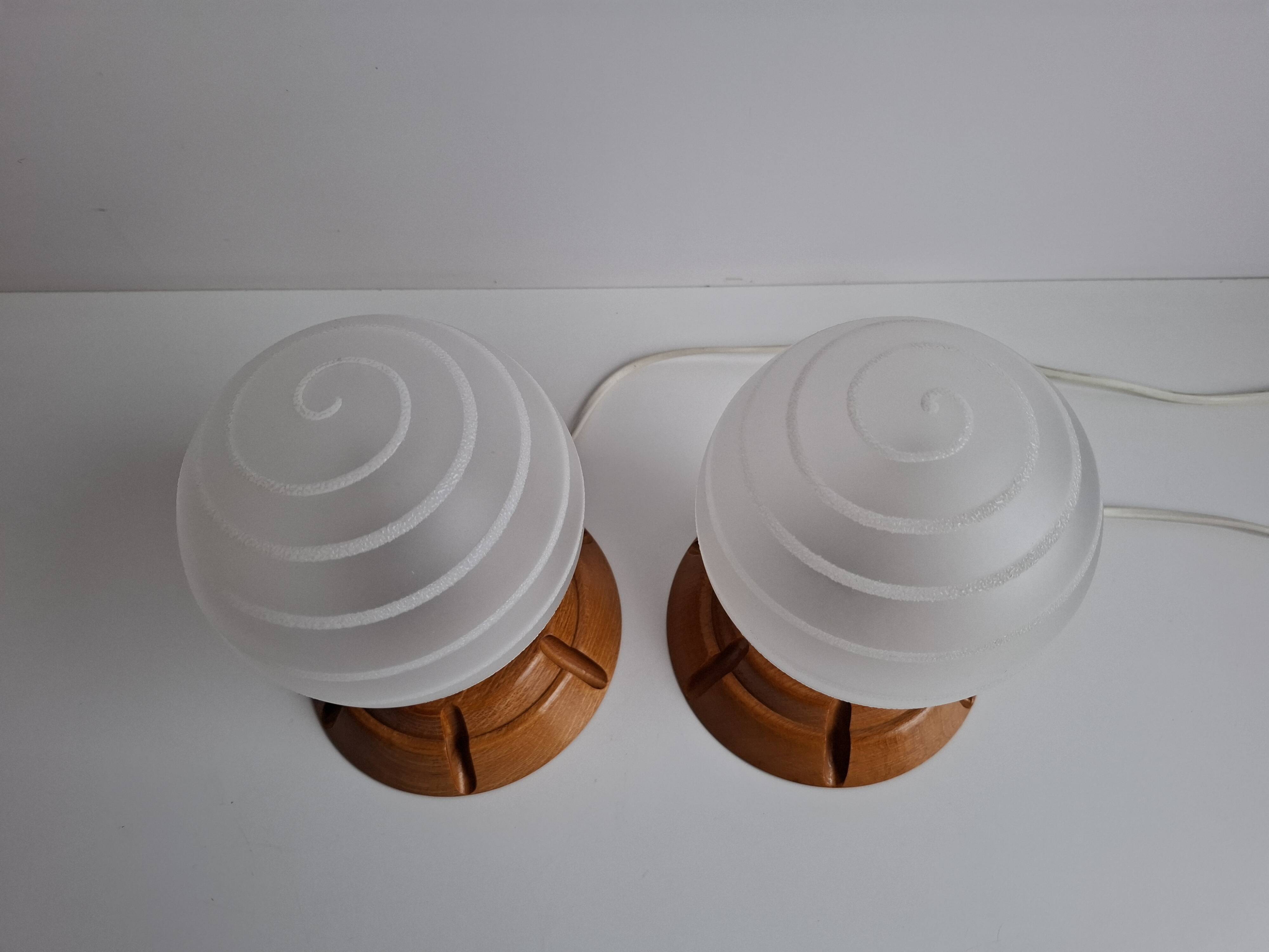 Pair of Mid-Century Czech Wood and Frosted Glass Table Lamps, 1990