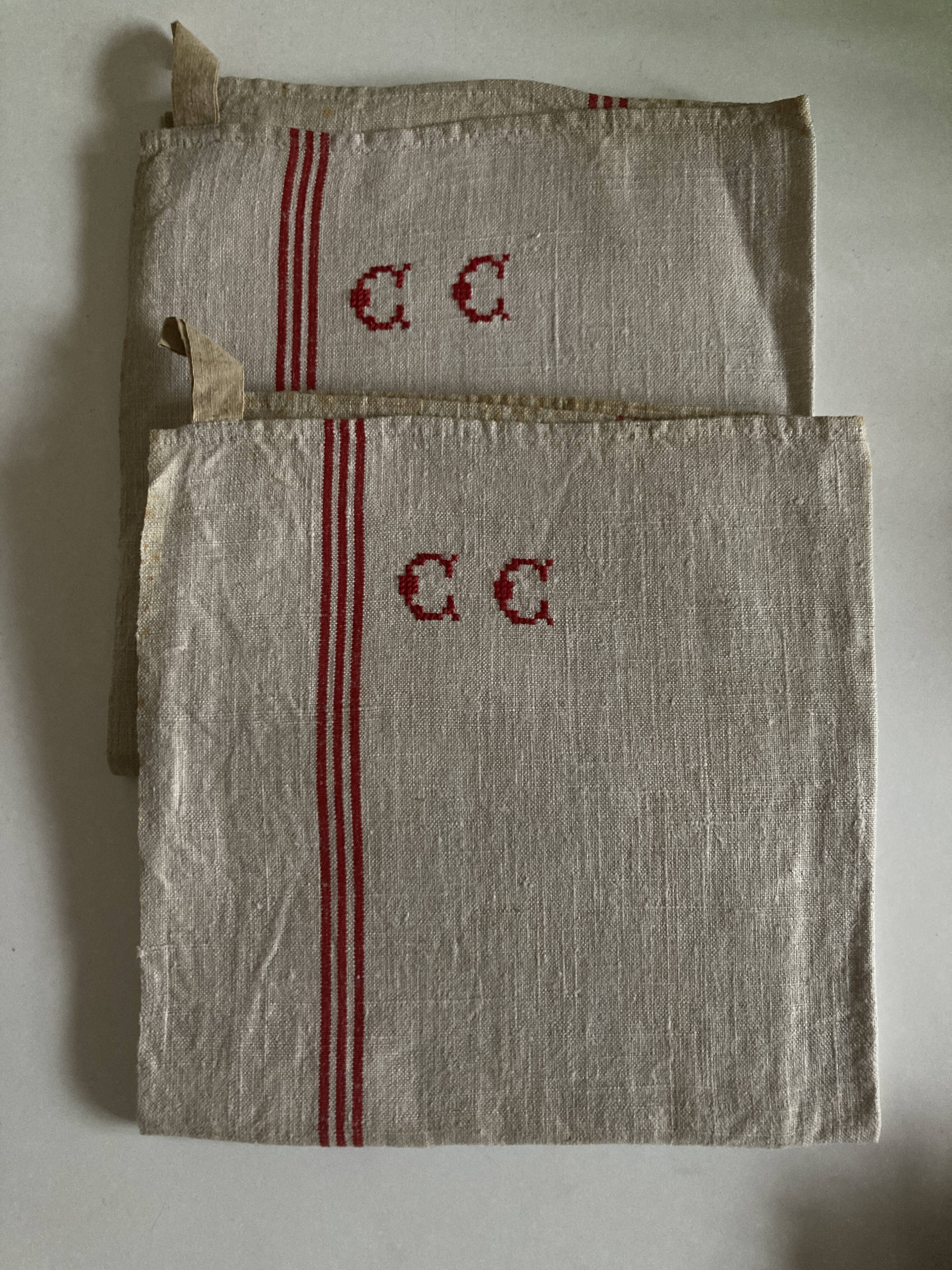 Pair of new old linen cloth tea towels 1930 initials CC