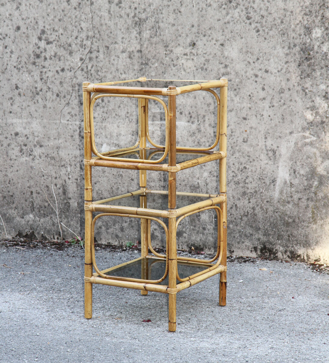 Pair of bamboo and smoked glass vintage bedside tables