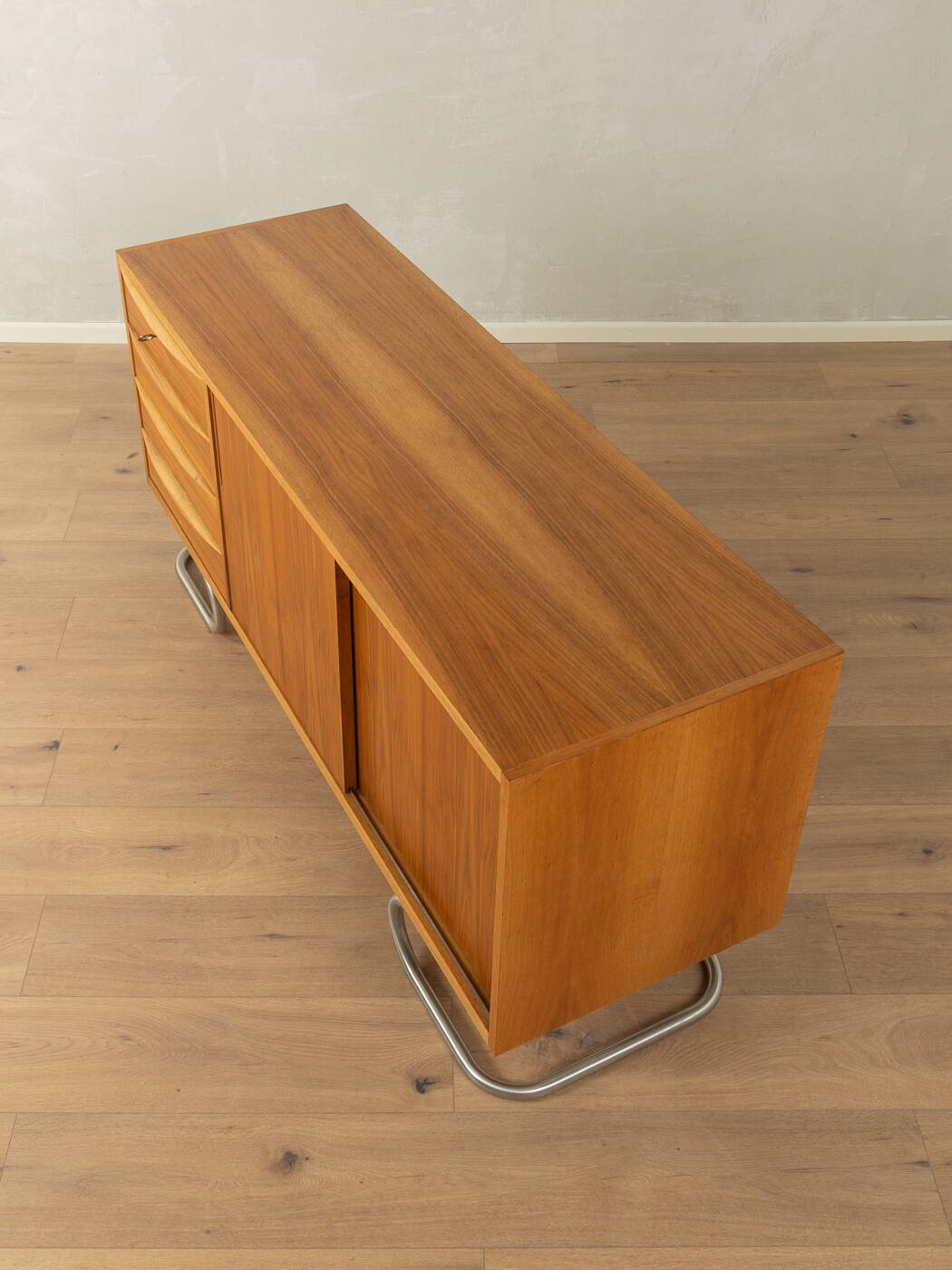 1950s sideboard in Scandinavian style, walnut veneer, Bauhaus design