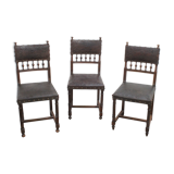 Ensemble de 3 chaises Renaissance en chêne et cuir gaufré, 19ème siècle, Belgique