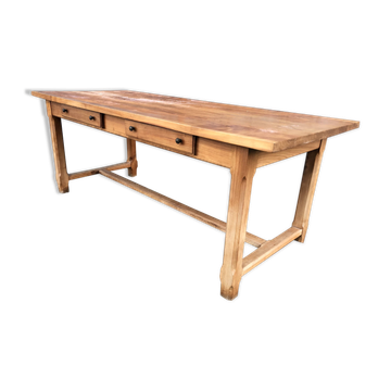 Table de ferme vendéenne à barre à chat avec 2 tiroirs en cerisier massif