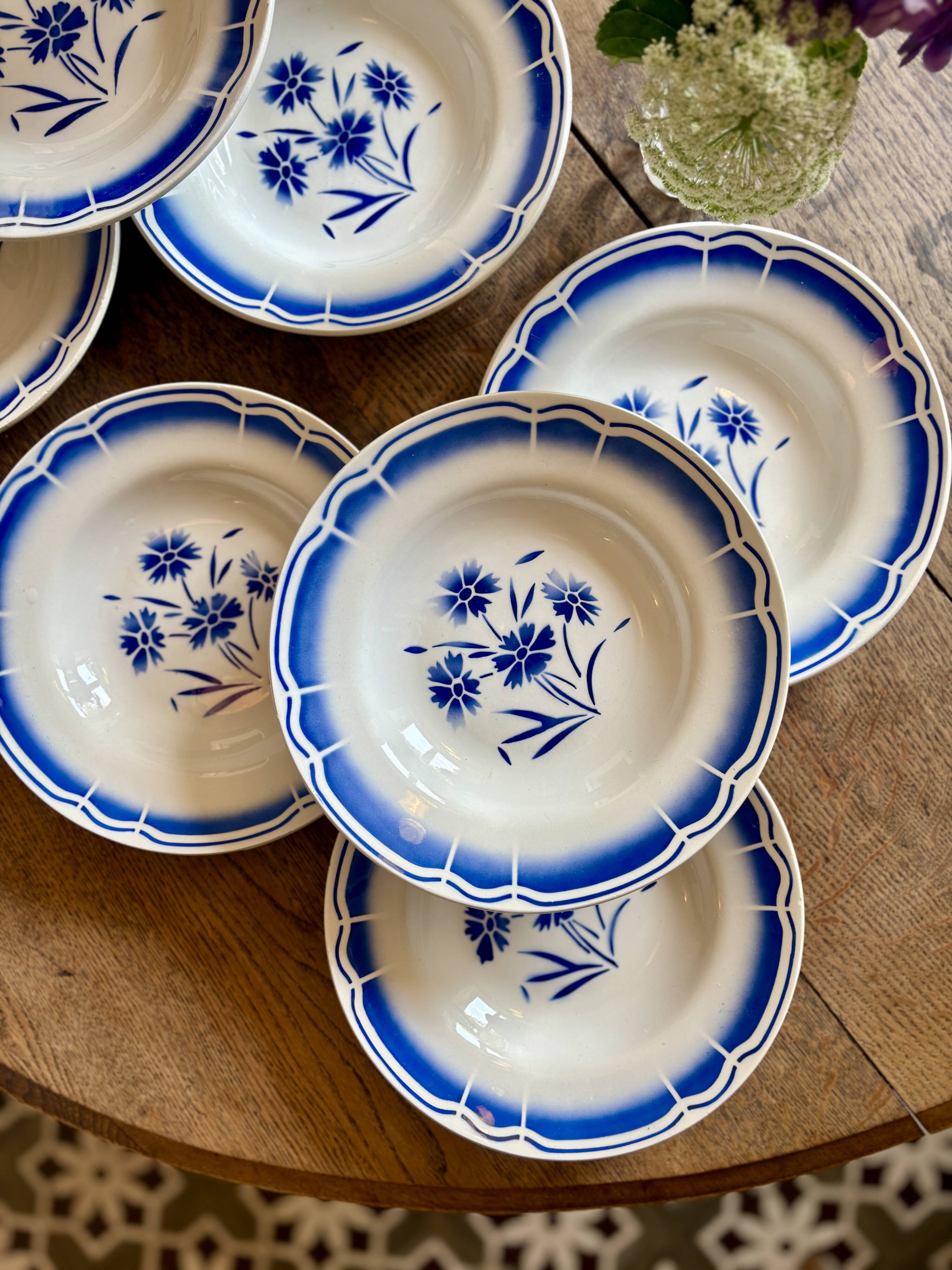 Set of 8 antique soup plates, blue flower decorations