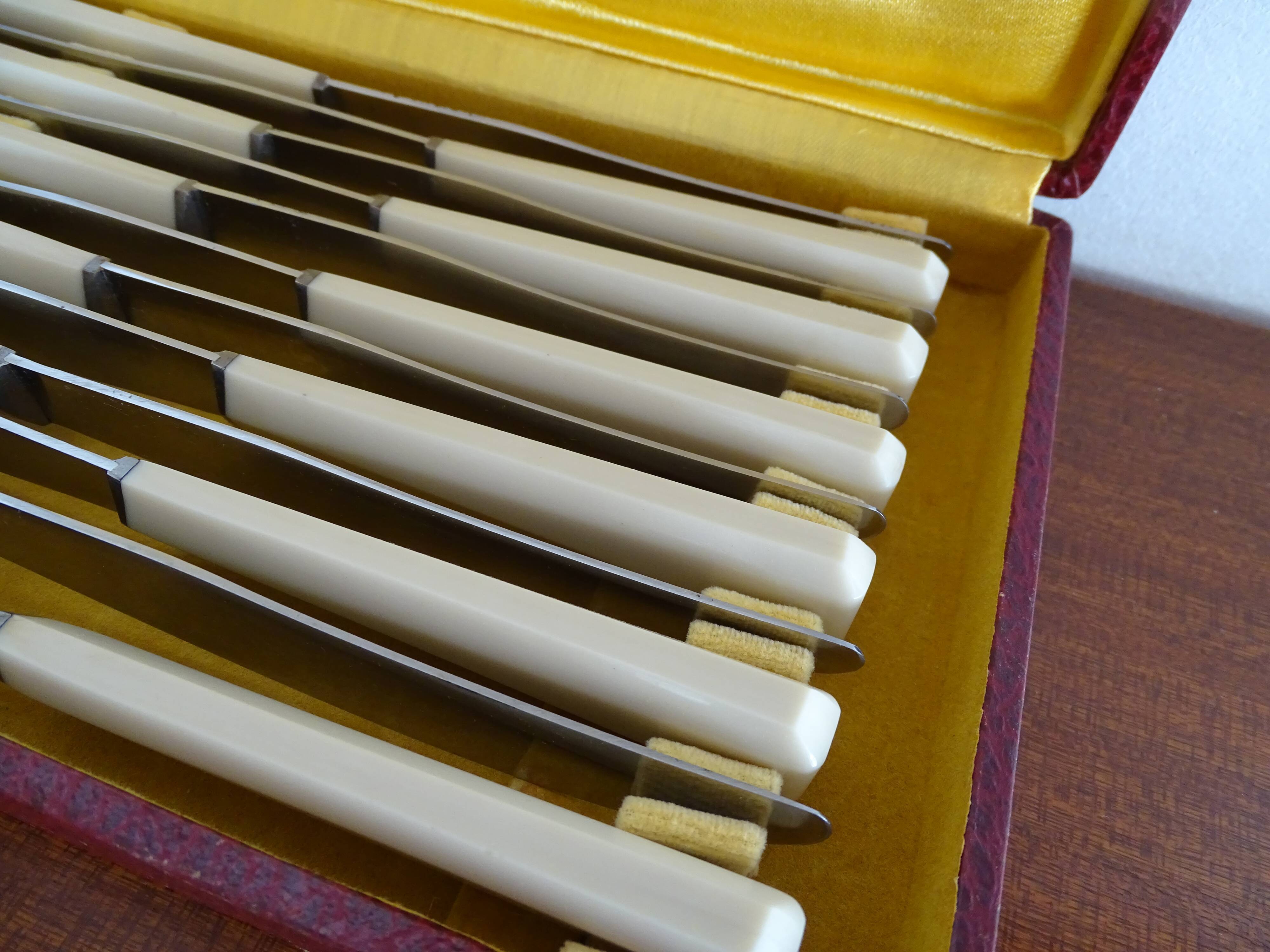 12 Art Deco knives 1930 bone or bakelite sleeves in case