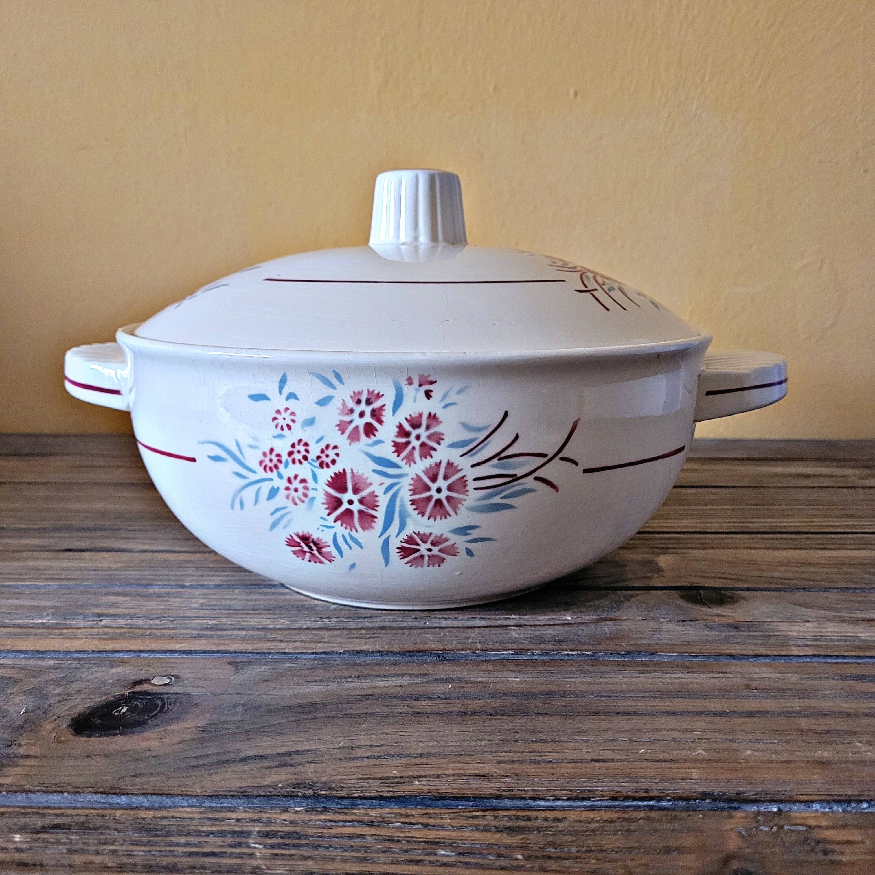 Salad bowl with handles Badonviller Francine vintage, earthenware floral decoration