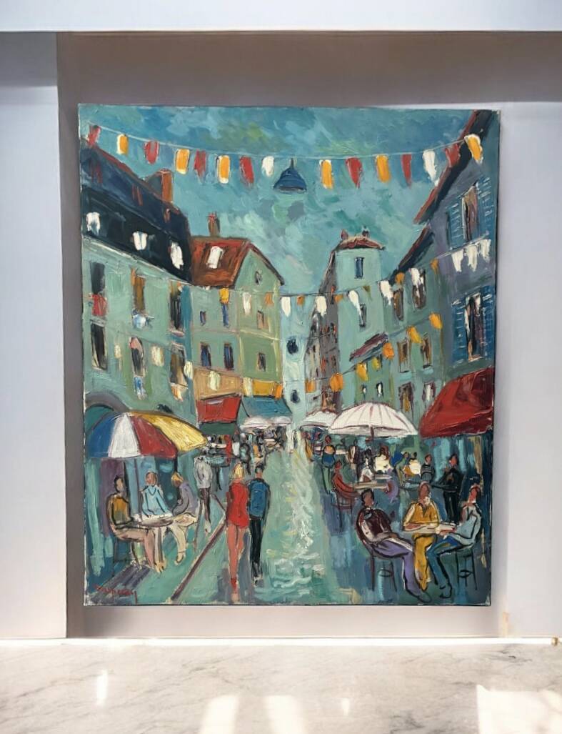 Large Oil on Canvas Alain Duperay Café Terraces 14 July