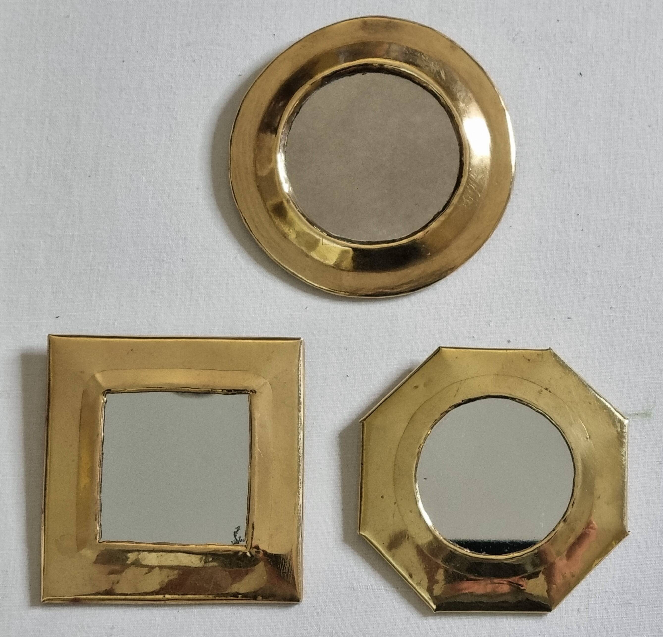 Set of 3 wall mirrors in brass, vintage Moroccan craftsmanship, 9 cm