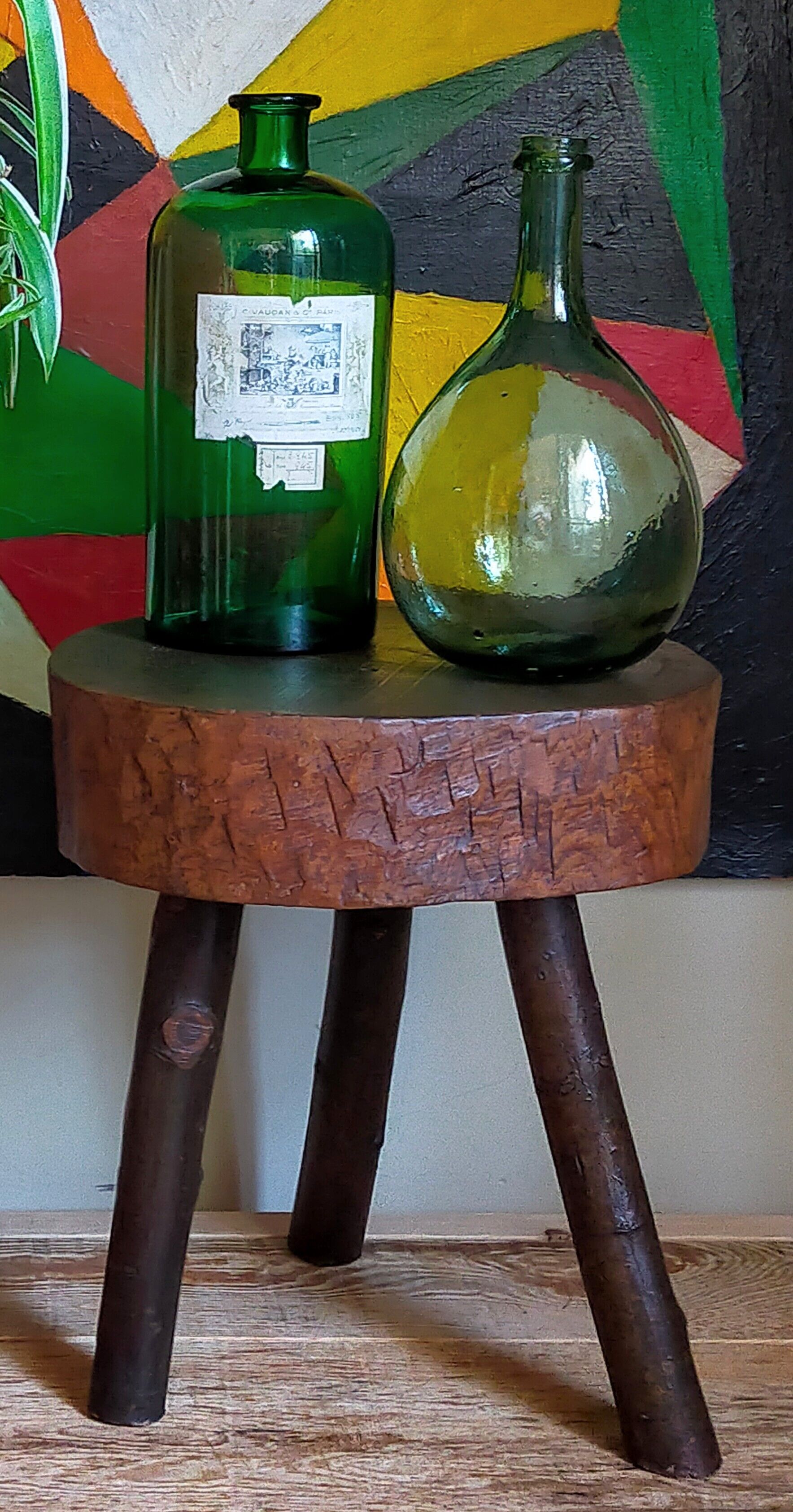 Brutalist tripod stool vintage folk art
