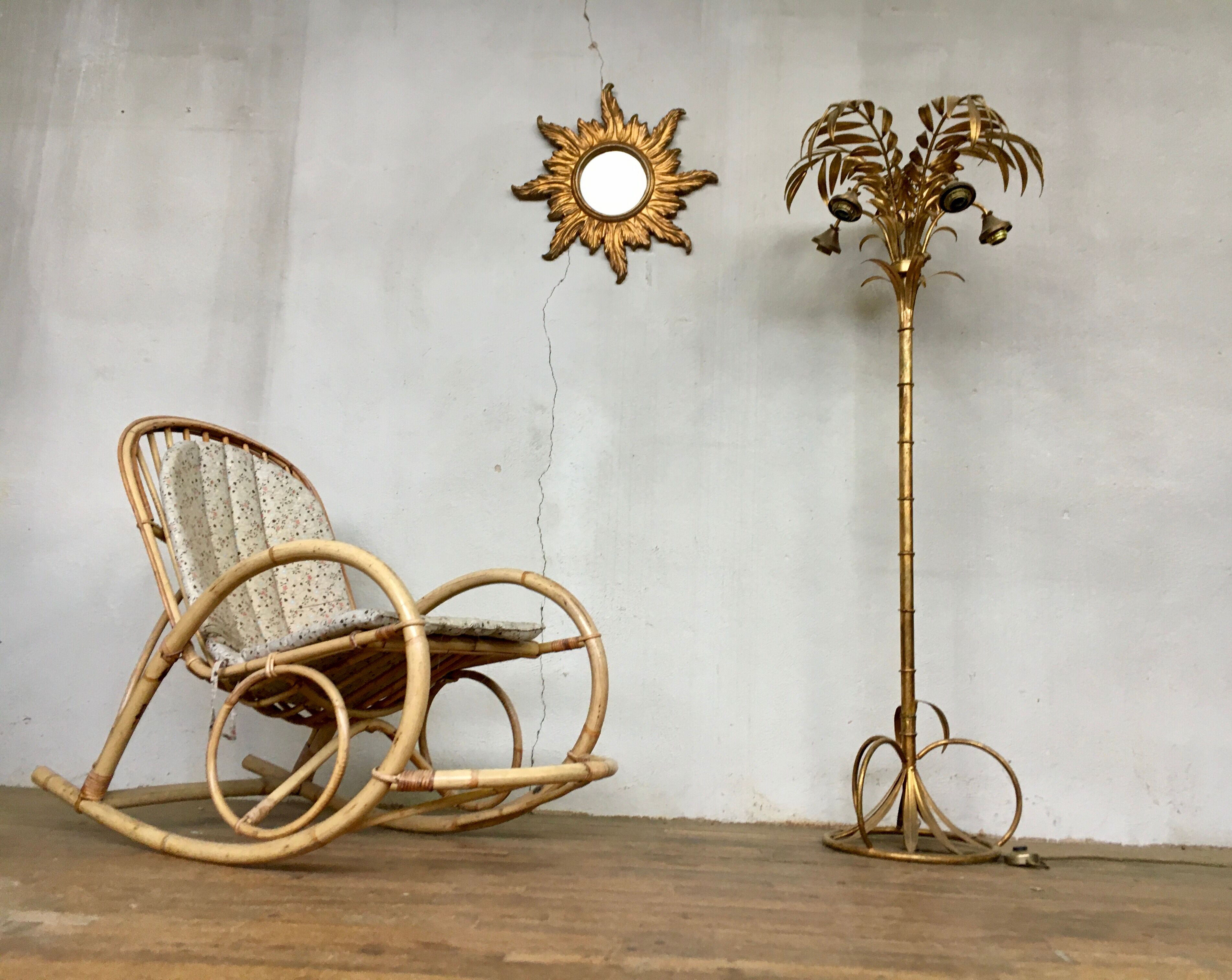 Rocking flesh in bamboo rattan and vintage wicker 1950