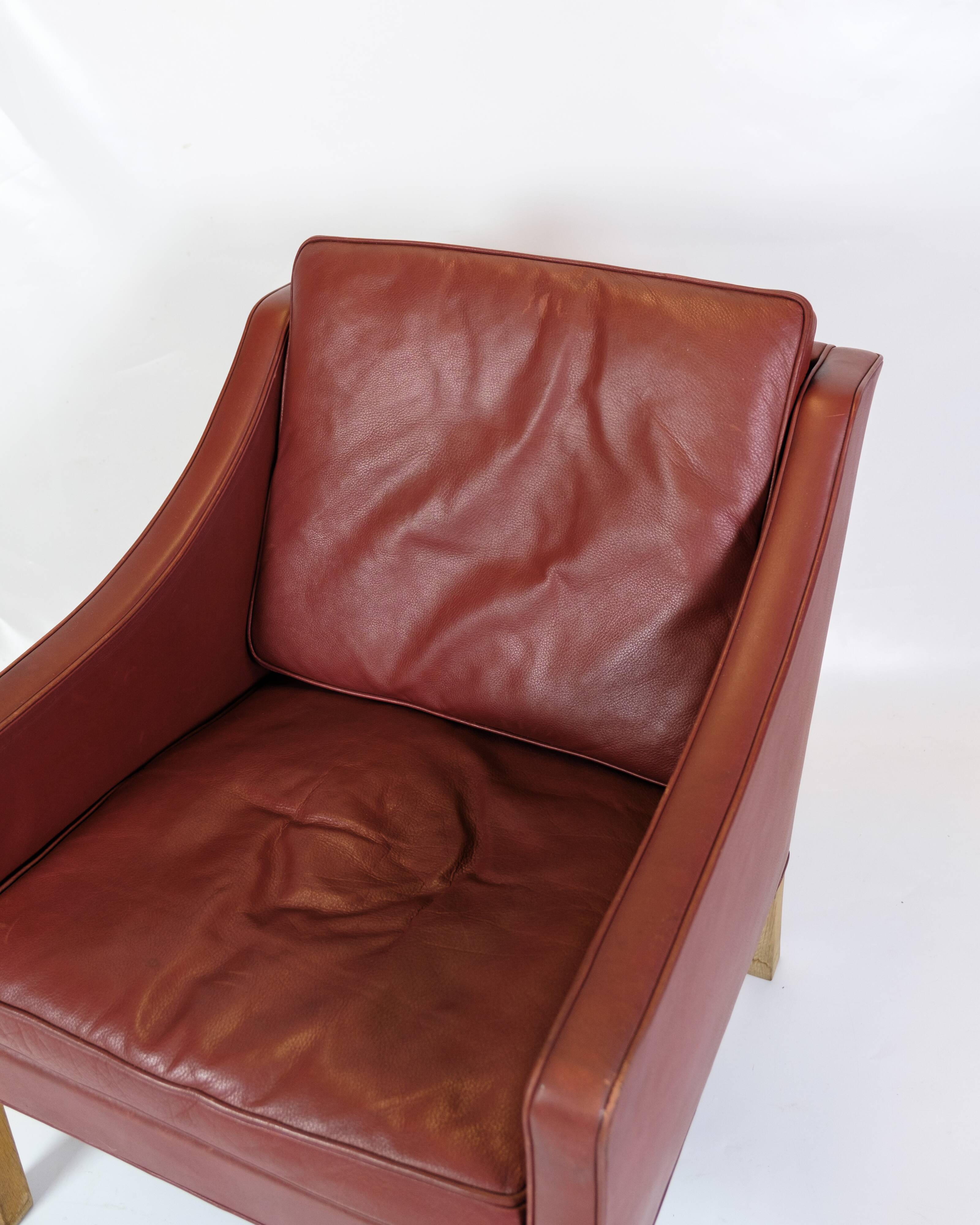Armchair Model 2207 Made In Red Leather & Oak Frame By Børge Mogensen From 1960s