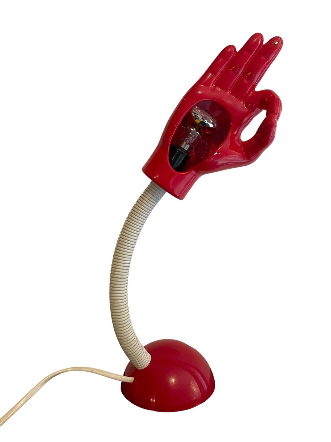 Articulated desk lamp in the shape of a vintage red and white hand