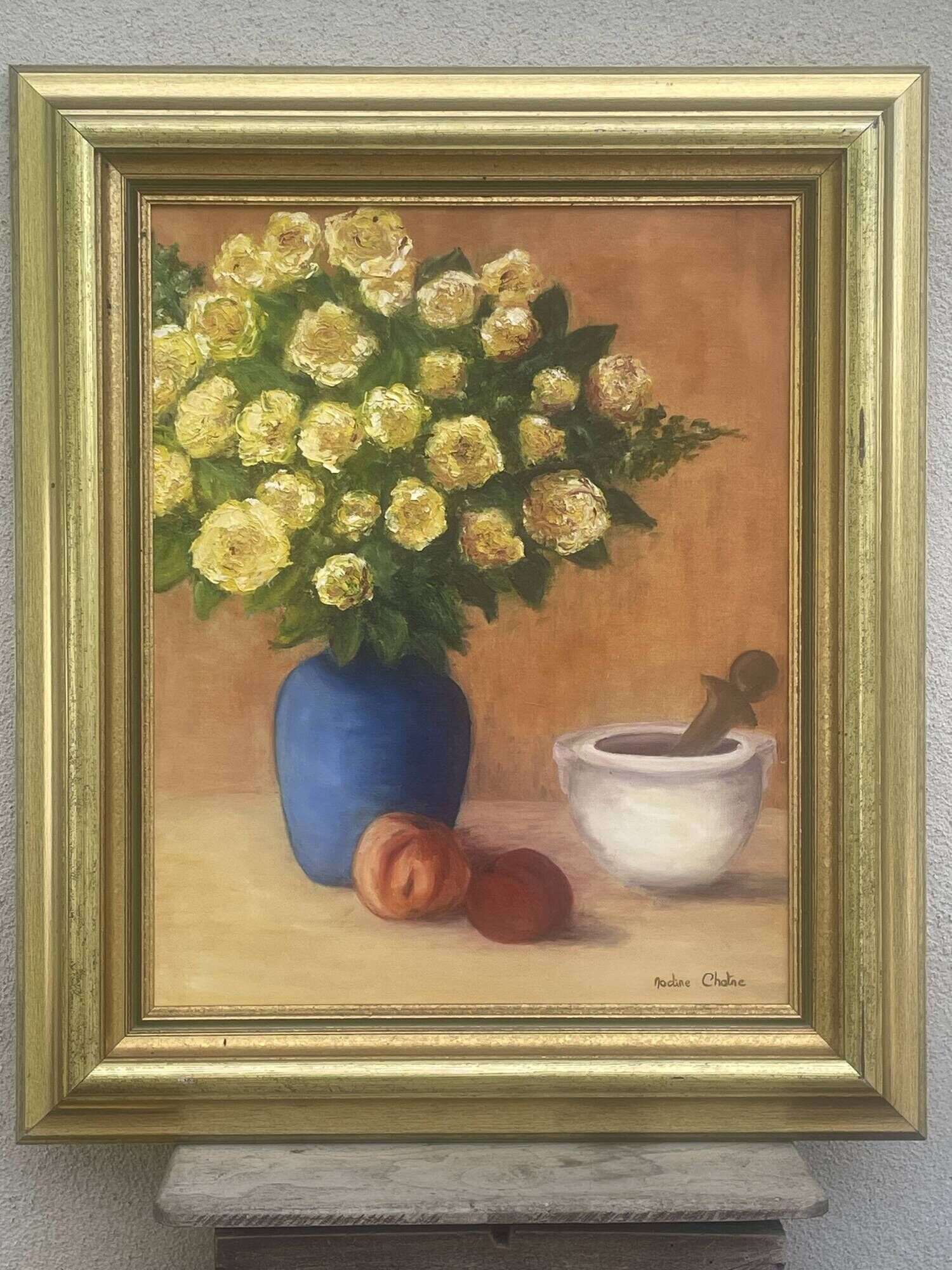 Painting Oil canvas mounted on panel, Still life with bouquet Nadine Chatre