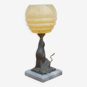 Art deco table lamp, sea lion lamp with yellow speckled glass globe