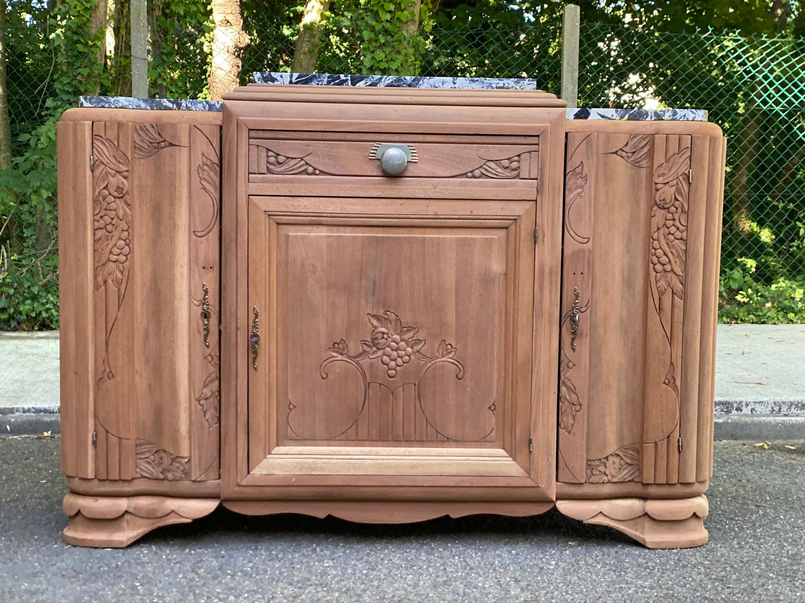 Art Deco sideboard renovated in solid walnut with Saint Laurent marble, 1930.