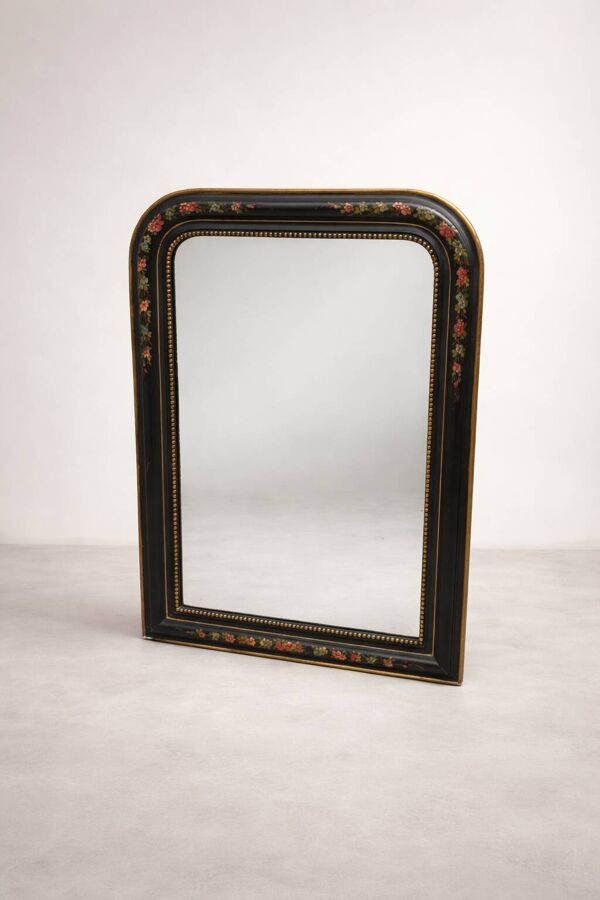 Miroir Napoléon III ancien, cadre noir décor floral peint main – XIXe