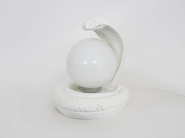 Lampe Serpent cobra Blanche Vintage en Céramique et globe opaline. Années 80