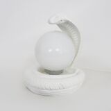 Vintage White Cobra Snake Lamp in Ceramic and opaline globe. 80 years
