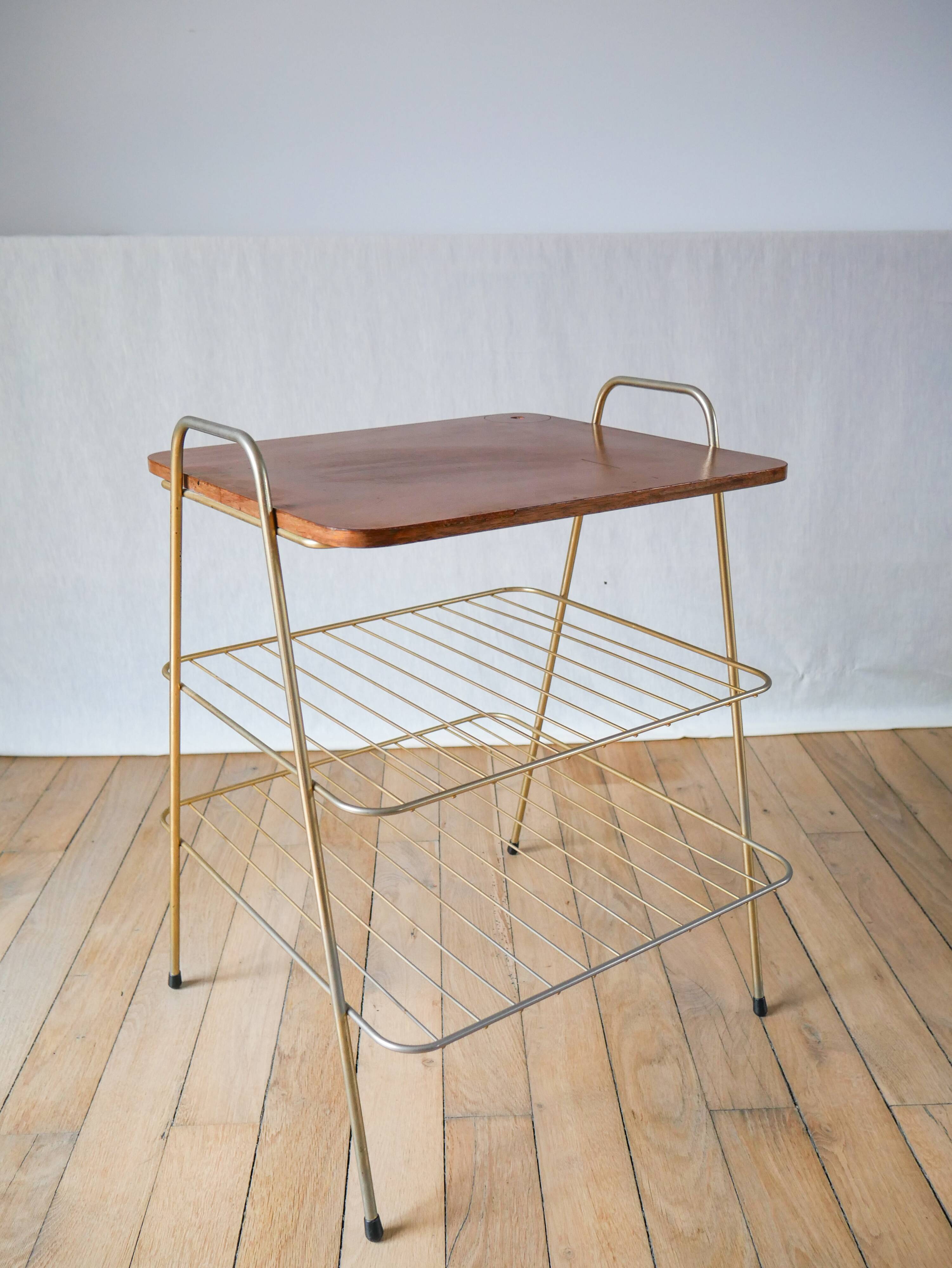 Vinyl trolley in teak and gold metal 1960